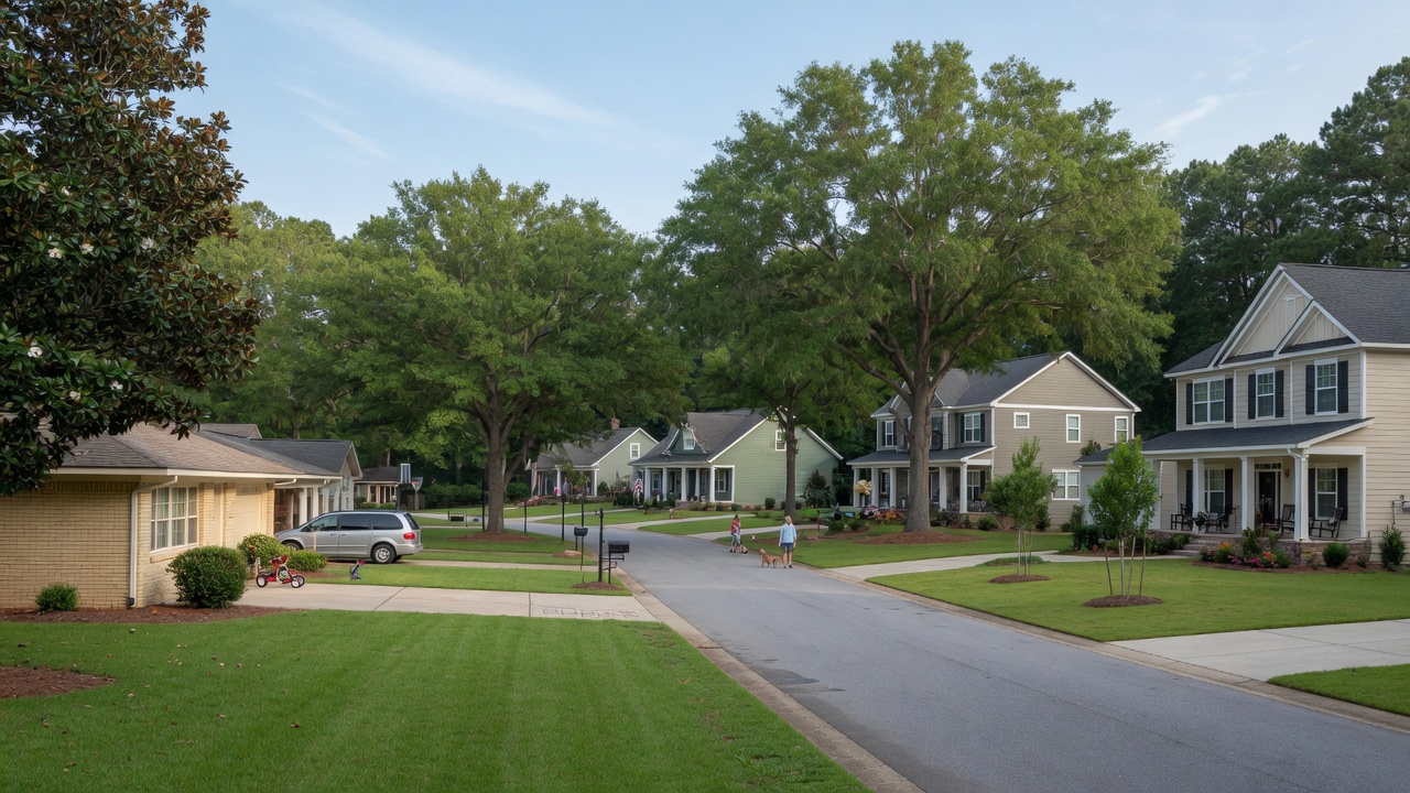 Family-friendly neighborhood in Aiken SC with mature trees and homes