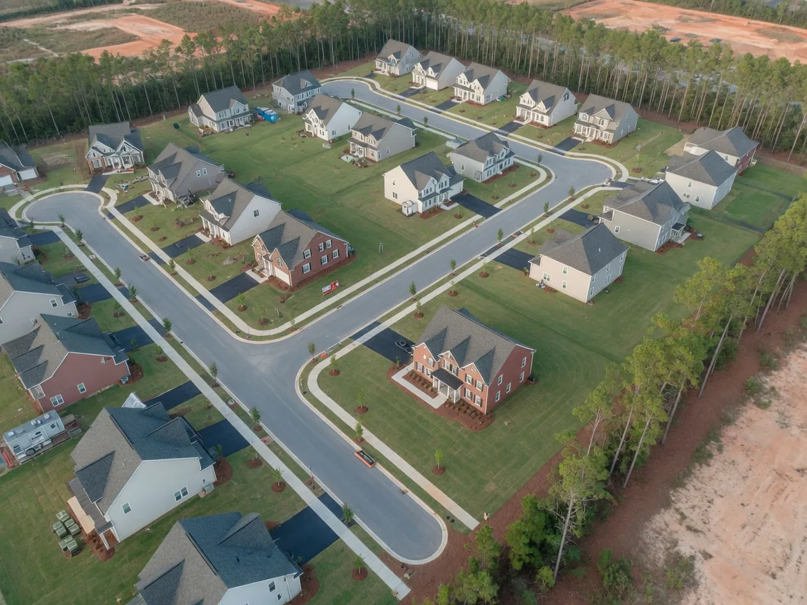 Newly built brick and stone home in Aiken SC with fresh landscaping and a two-car garage