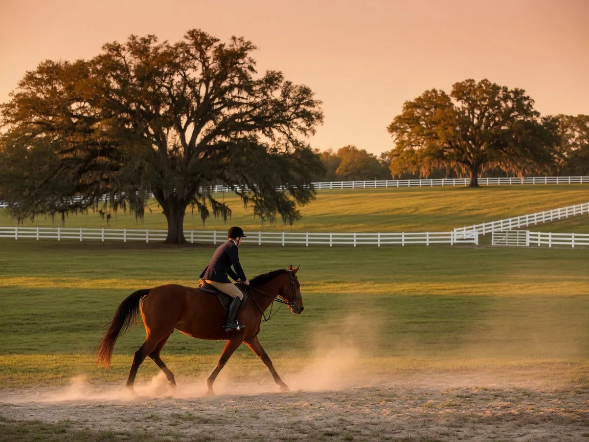 Equestrians riding through tree-lined trails in Aiken SC horse country at golden hour