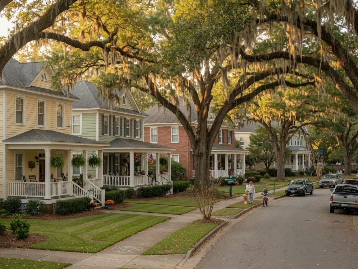 Tree-lined residential street with well-maintained homes in an established Aiken South Carolina neighborhood