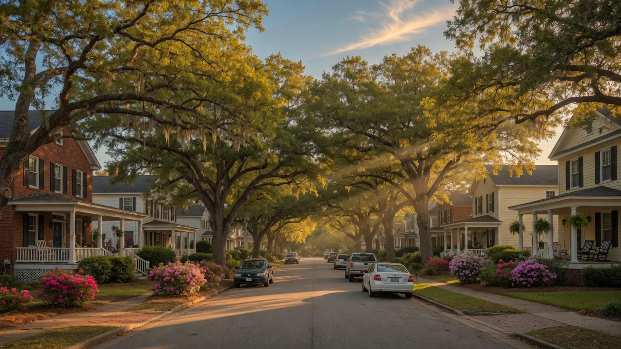 Tree-lined residential street in Aiken SC with well-maintained homes
