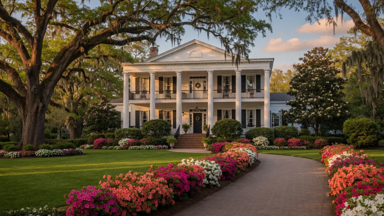 Elegant luxury estate home in Aiken SC with Southern colonial architecture, white columns, and manicured landscaping