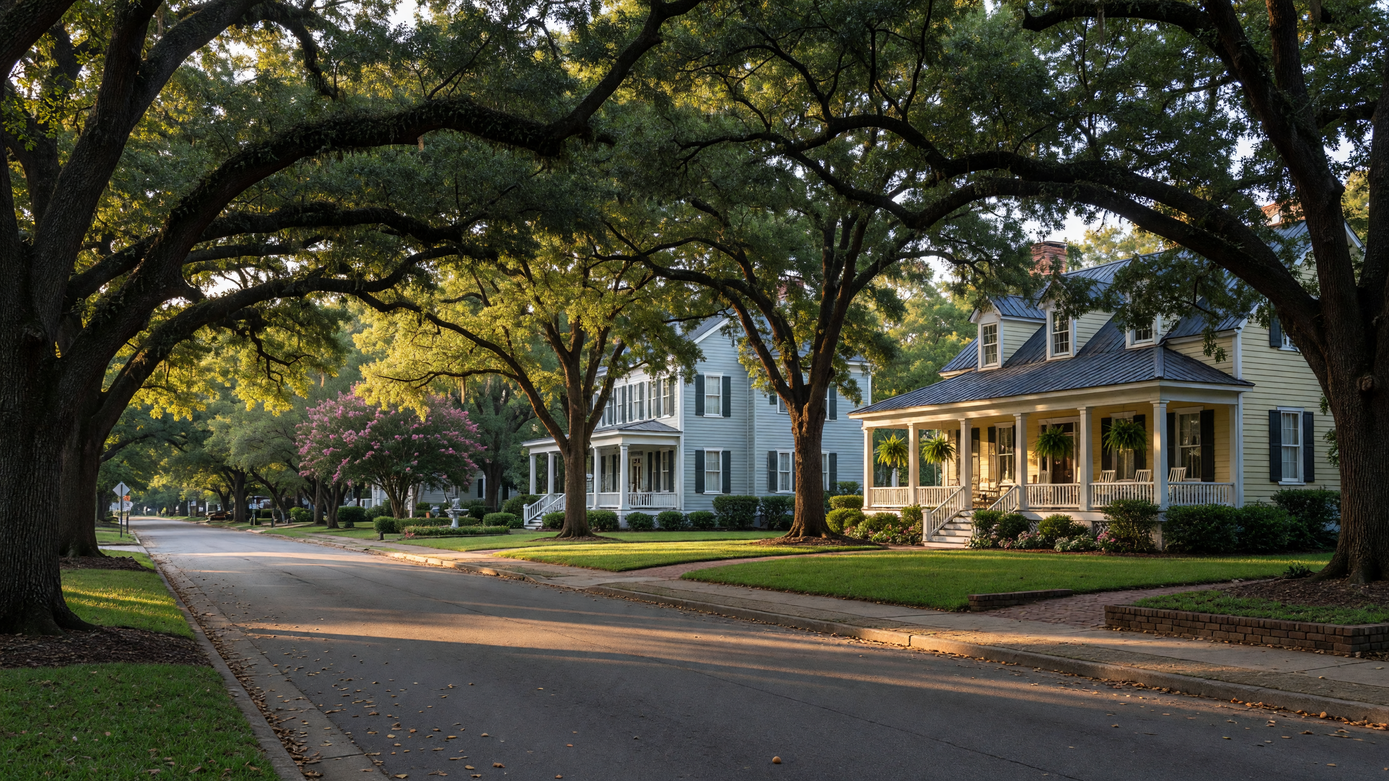 Beautiful tree-lined street in an Aiken SC neighborhood with large lots and classic Southern homes