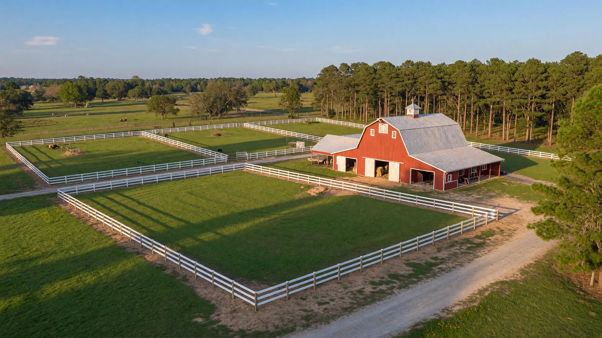 Aerial view of a horse property in Aiken SC with white fenced pastures, a barn, and mature trees