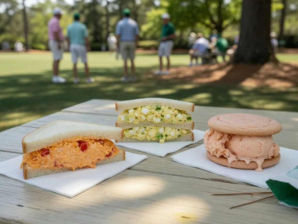 Iconic Masters food spread with pimento cheese sandwich and peach ice cream at Augusta National