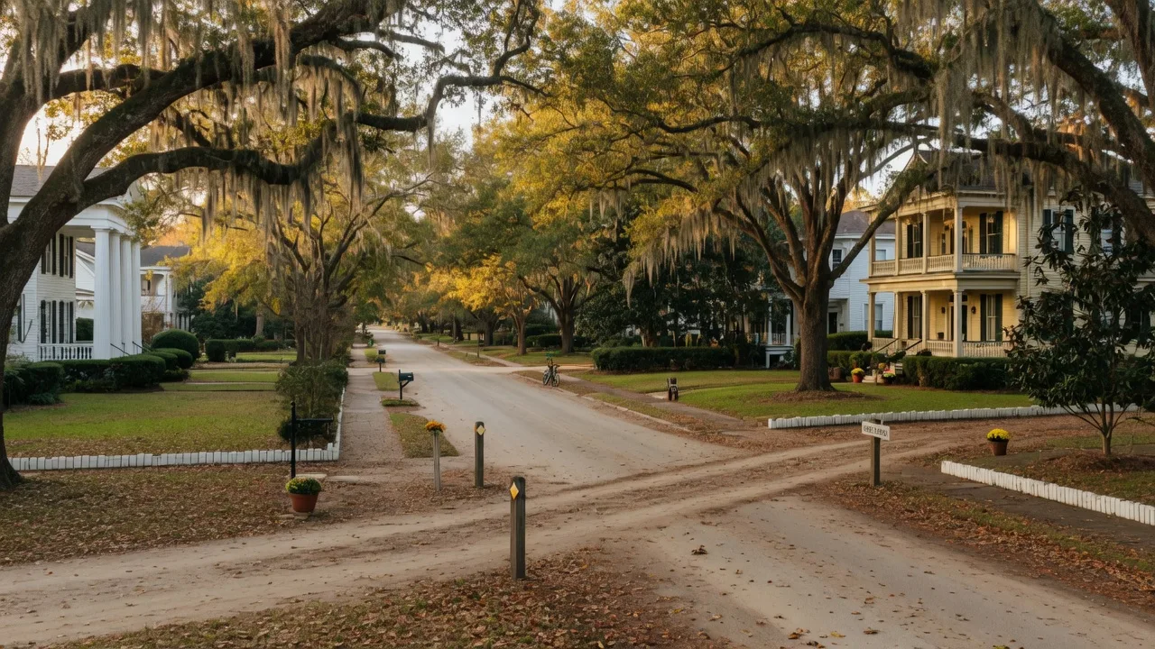 Quiet tree-lined street in Aiken SC with mature live oaks and historic homes, a retirement-friendly Southern town
