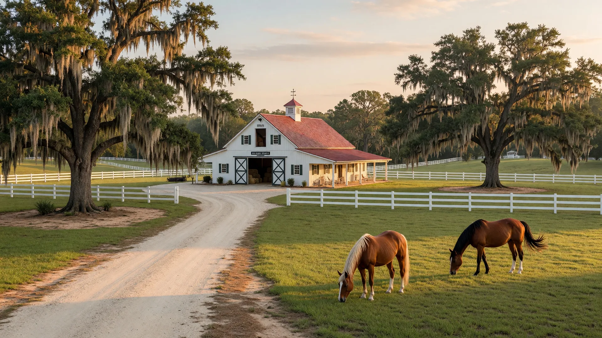 Equestrian property in Aiken SC with white barn, green pastures, horses grazing, and post-and-rail fencing