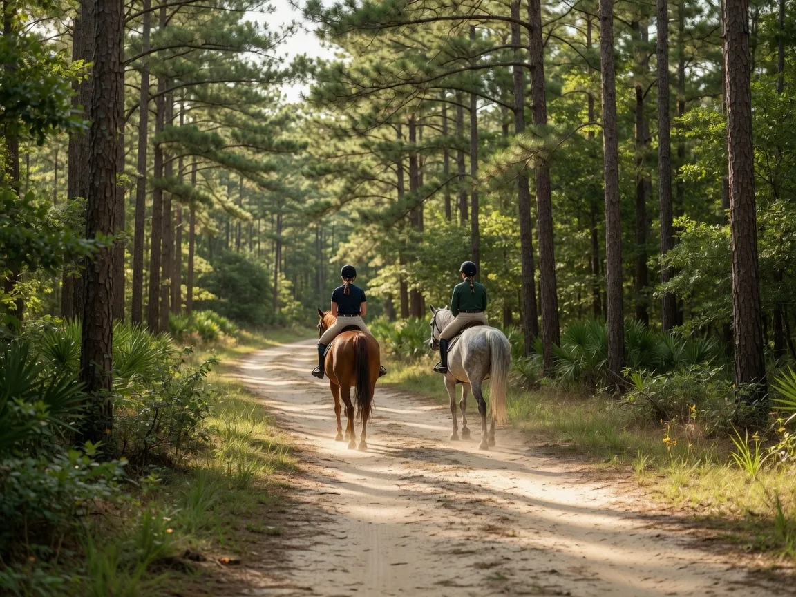 Equestrians riding on a wooded trail in Aiken SC horse country