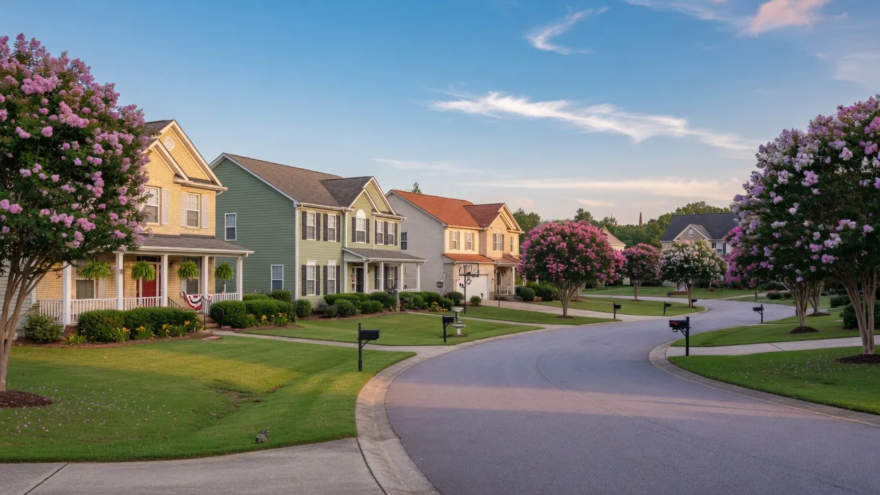 Welcoming residential neighborhood in Aiken SC with green lawns and flowering trees