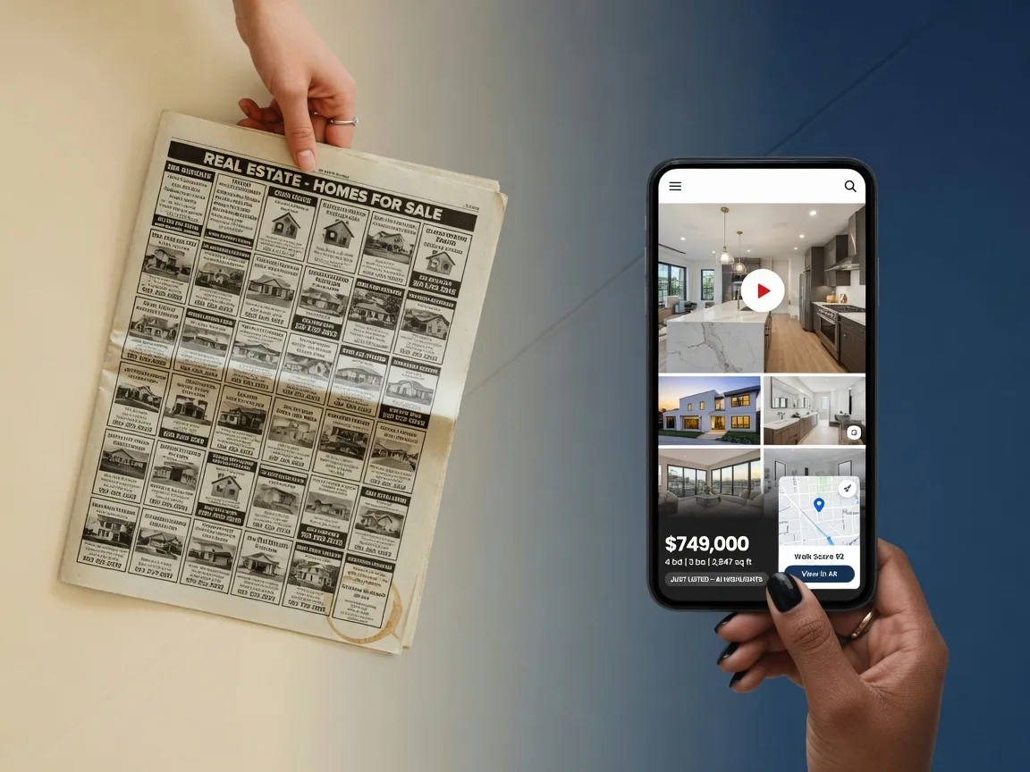 Comparison of print real estate advertising and AI-powered digital marketing