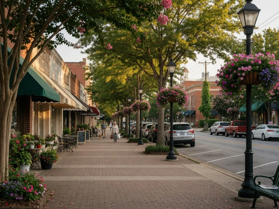 Welcoming streetscape in downtown North Augusta SC with shops and sidewalks