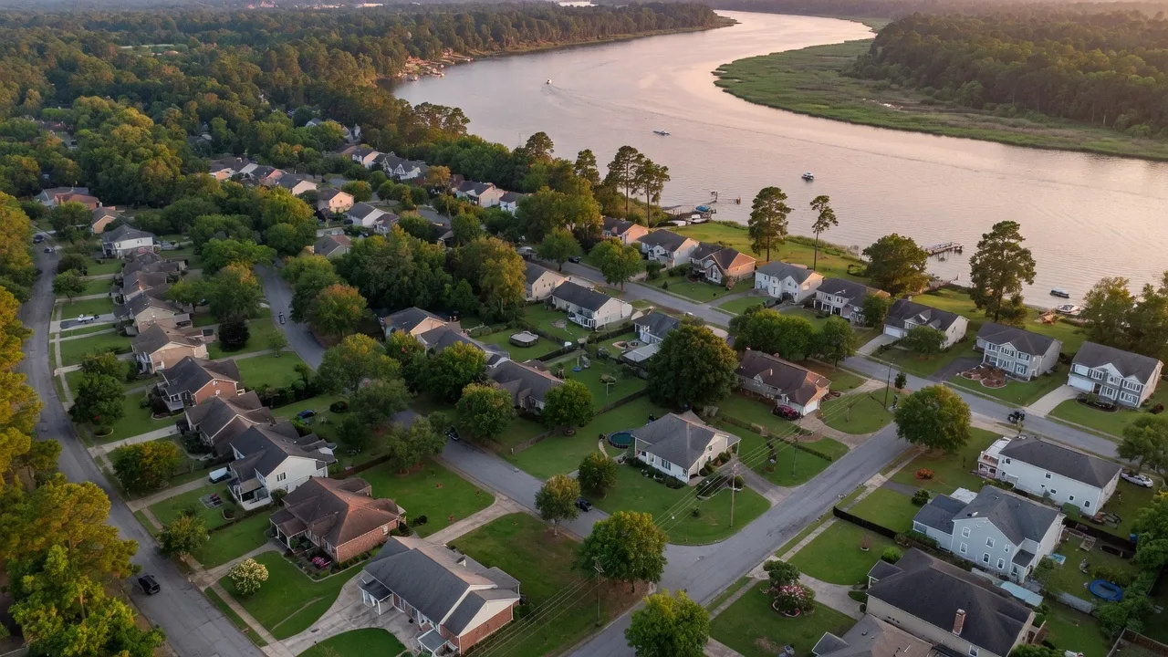 Aerial view of North Augusta SC residential neighborhoods with mature trees and homes