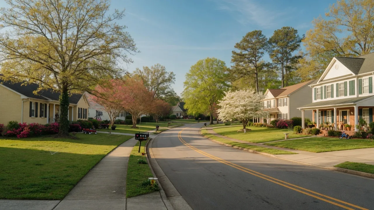 Residential neighborhood in North Augusta SC with well-maintained homes and tree-lined streets on a sunny morning