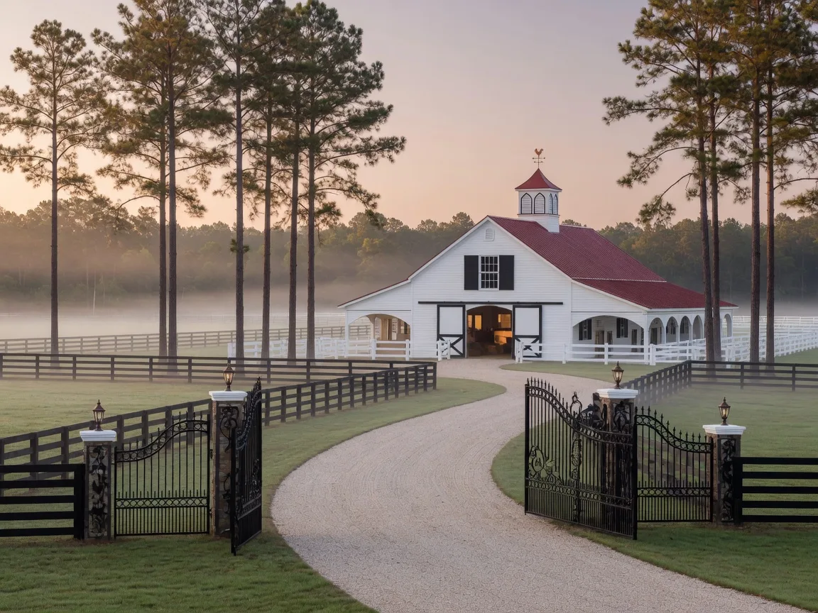 Aerial view of horse pastures with white fencing and a barn complex in Aiken SC horse country