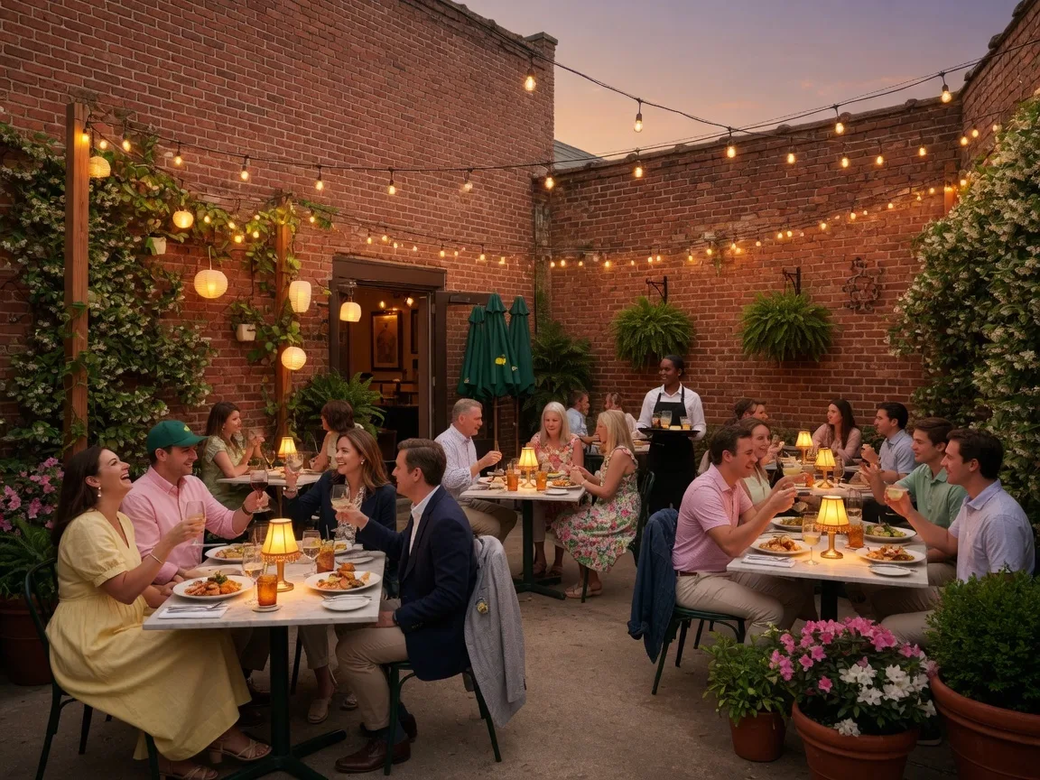 Augusta GA restaurant patio with patrons dining during Masters Week evening