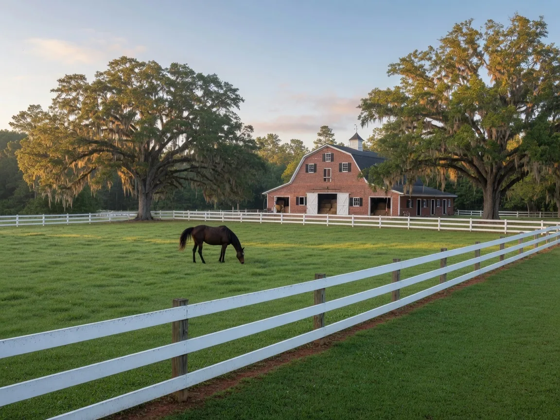 Equestrian property with white board fence, horse pasture, and barn in the Aiken South Carolina countryside