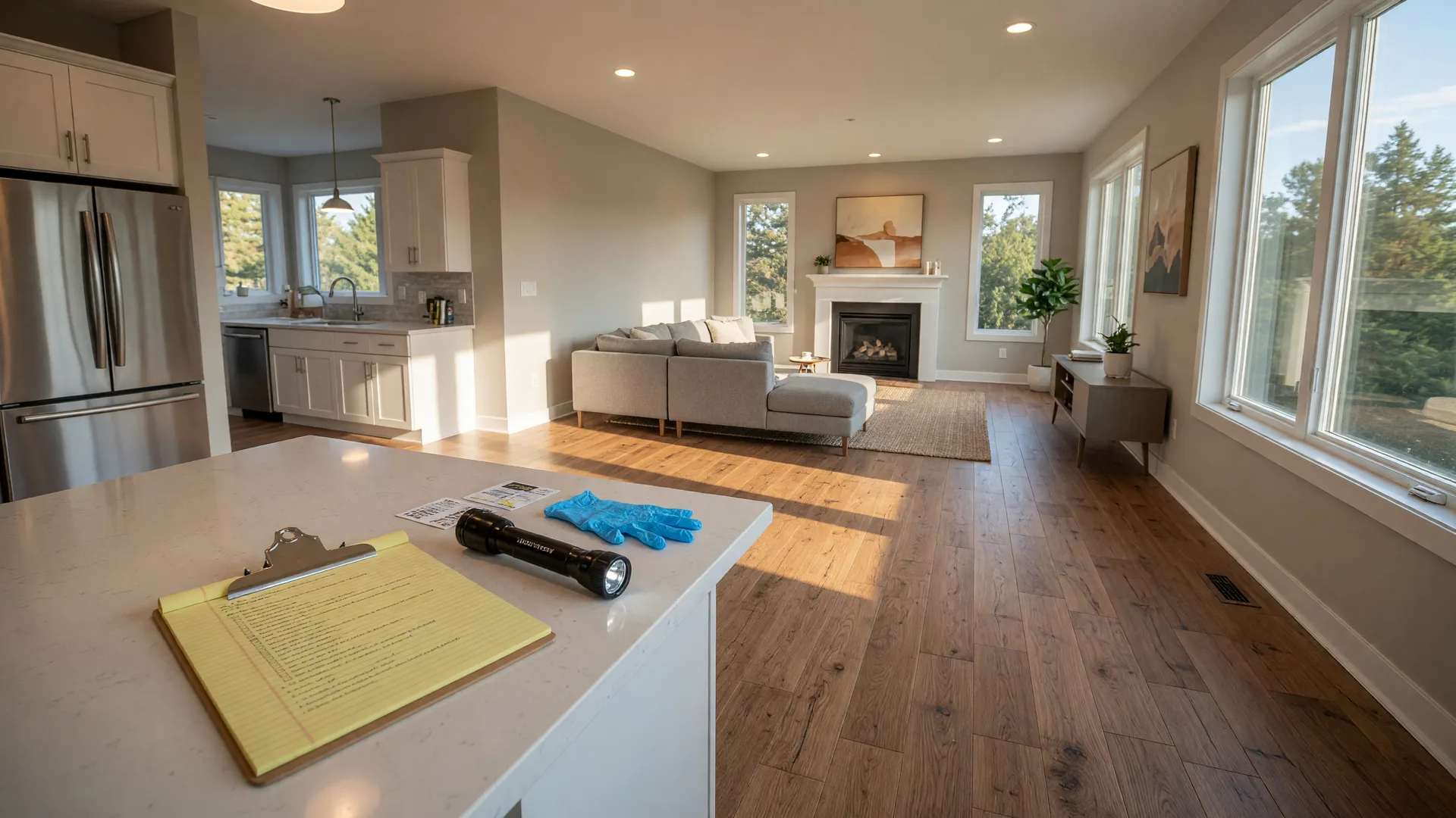 A bright, well-lit home interior during a professional home inspection with hardwood floors and natural sunlight