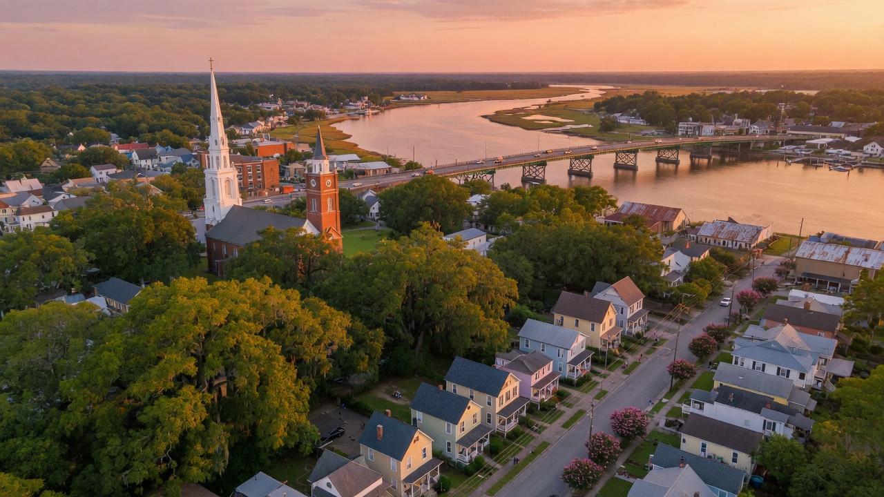 Aerial view of a Southern town with tree canopy and residential neighborhoods near the Savannah River at golden hour