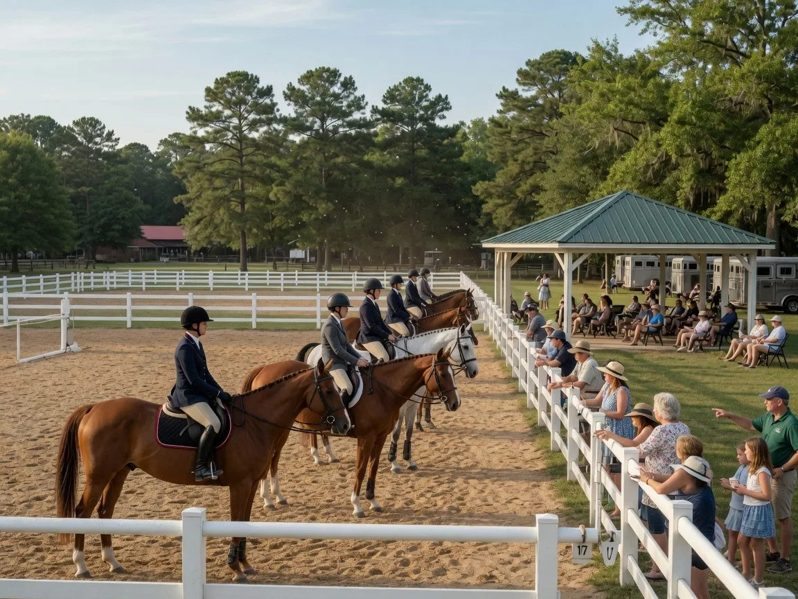 Horse barns and fenced pastures at an equestrian property in Aiken SC