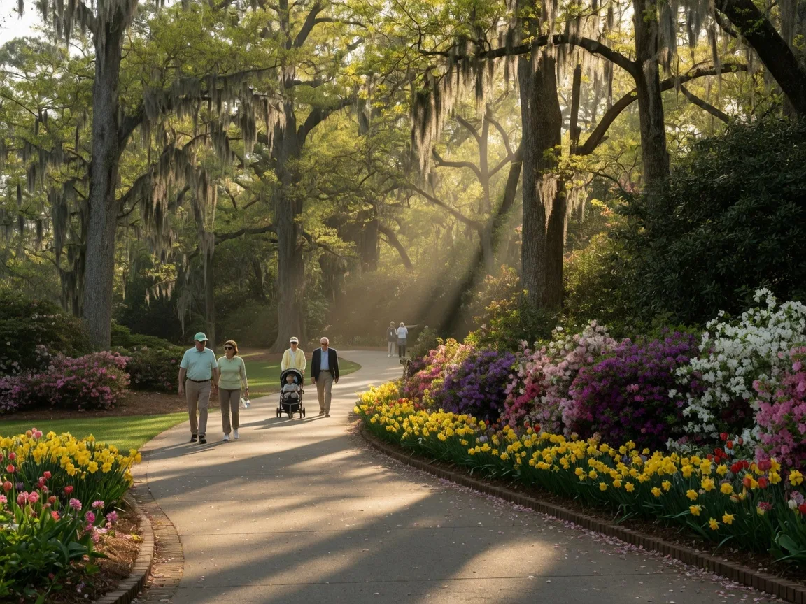 Visitors walking near Augusta National Golf Club during Masters Week with spring landscaping