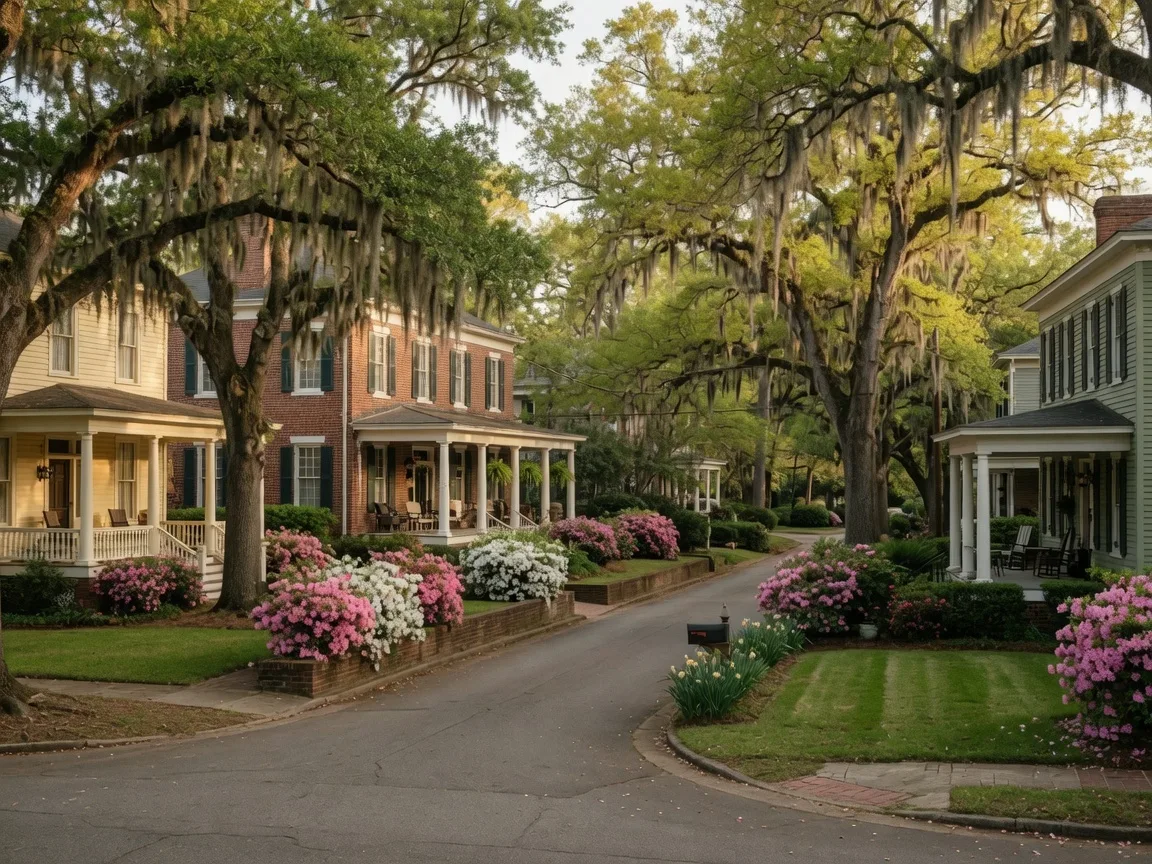 Summerville neighborhood in Augusta GA with historic homes and blooming azaleas near Augusta National