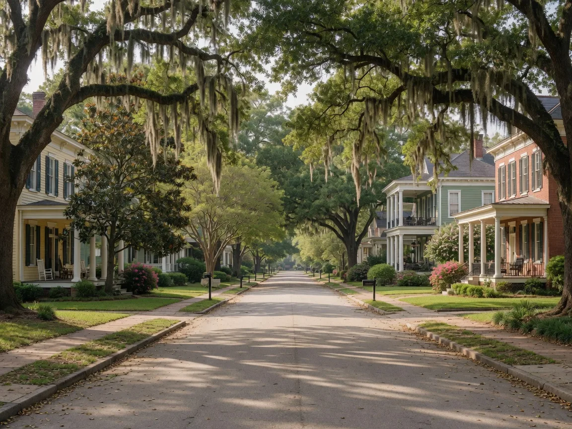 Historic homes with mature trees on a quiet residential street in Aiken SC
