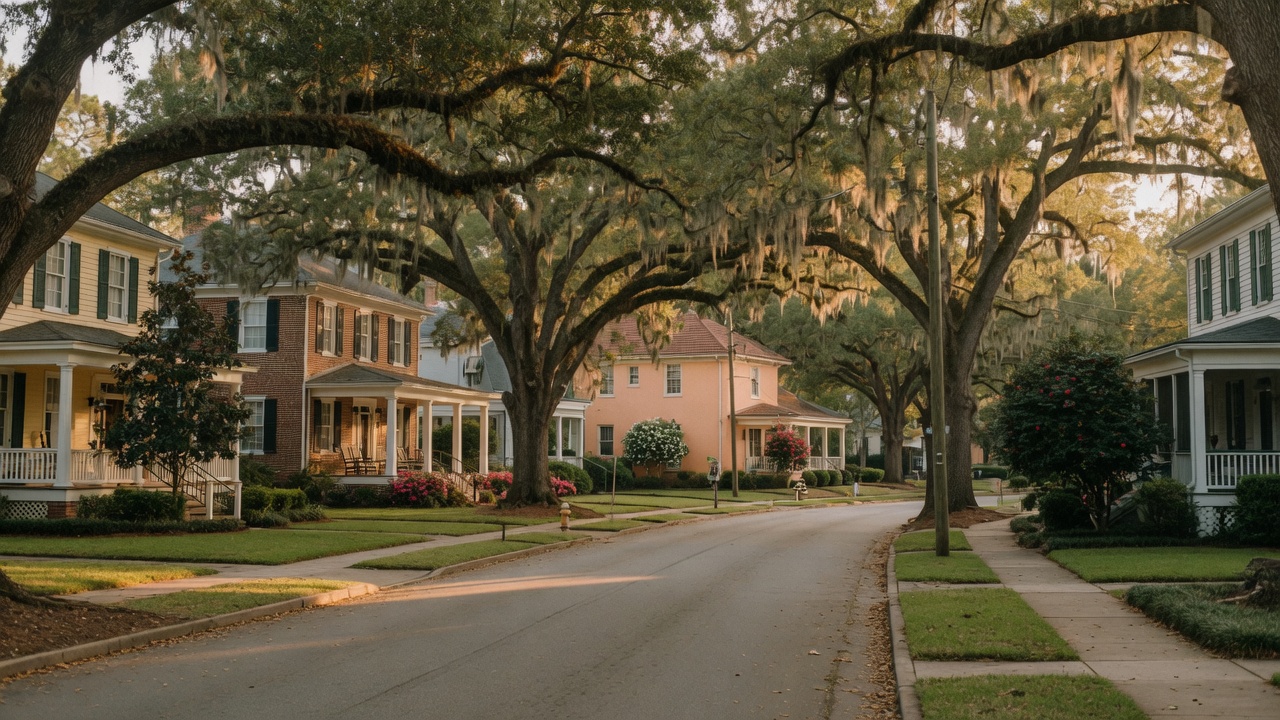 Tree-lined residential street with well-kept homes in an established Southern neighborhood