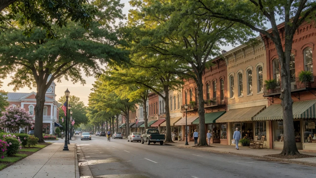 Downtown Aiken SC with historic storefronts and mature oak trees on a sunny morning