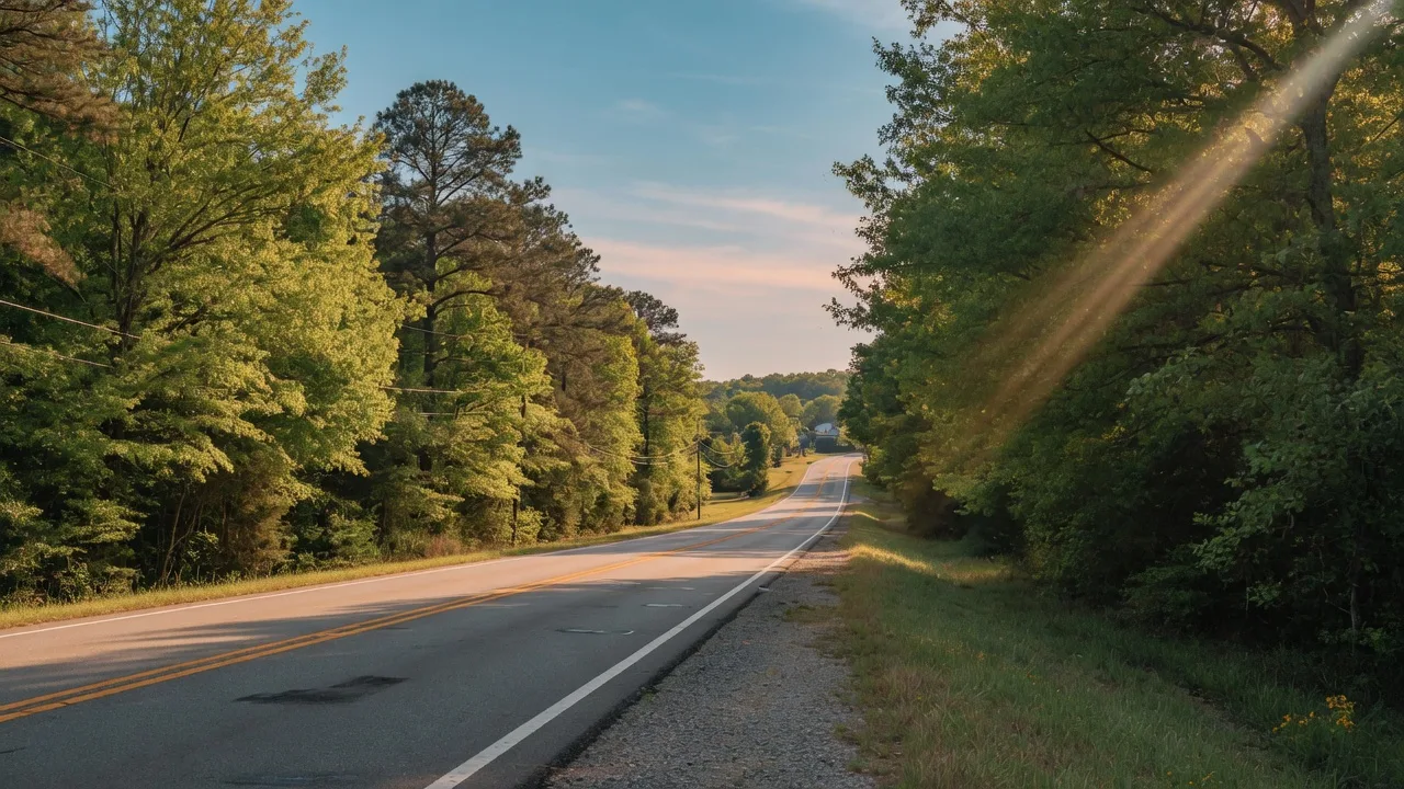 Tree-lined highway corridor through the South Carolina countryside near Aiken