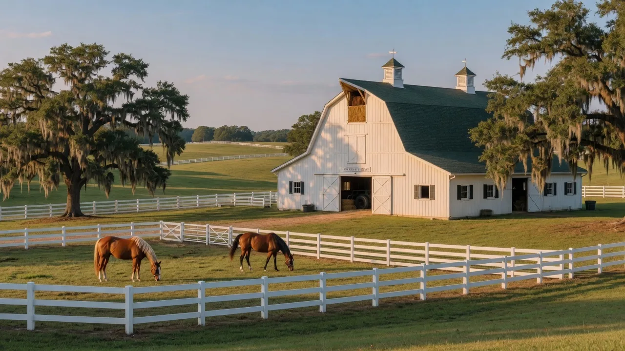 White horse barn with fenced pastures and live oaks at a horse property in Aiken SC