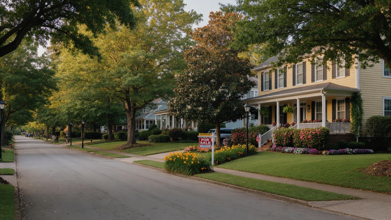 Tree-lined street with a home for sale in North Augusta SC, featuring warm Southern landscaping