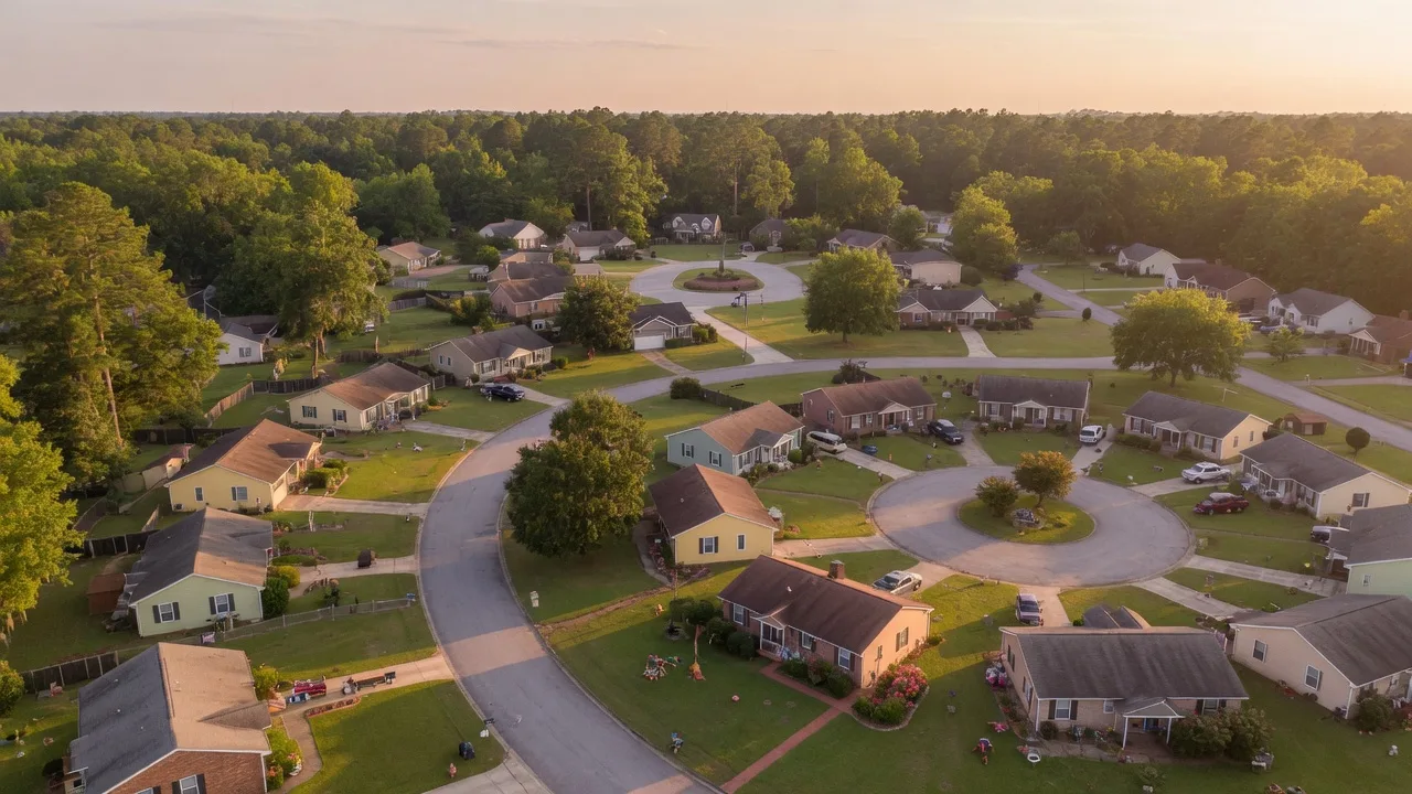 Residential neighborhood in Aiken SC with established homes and mature trees