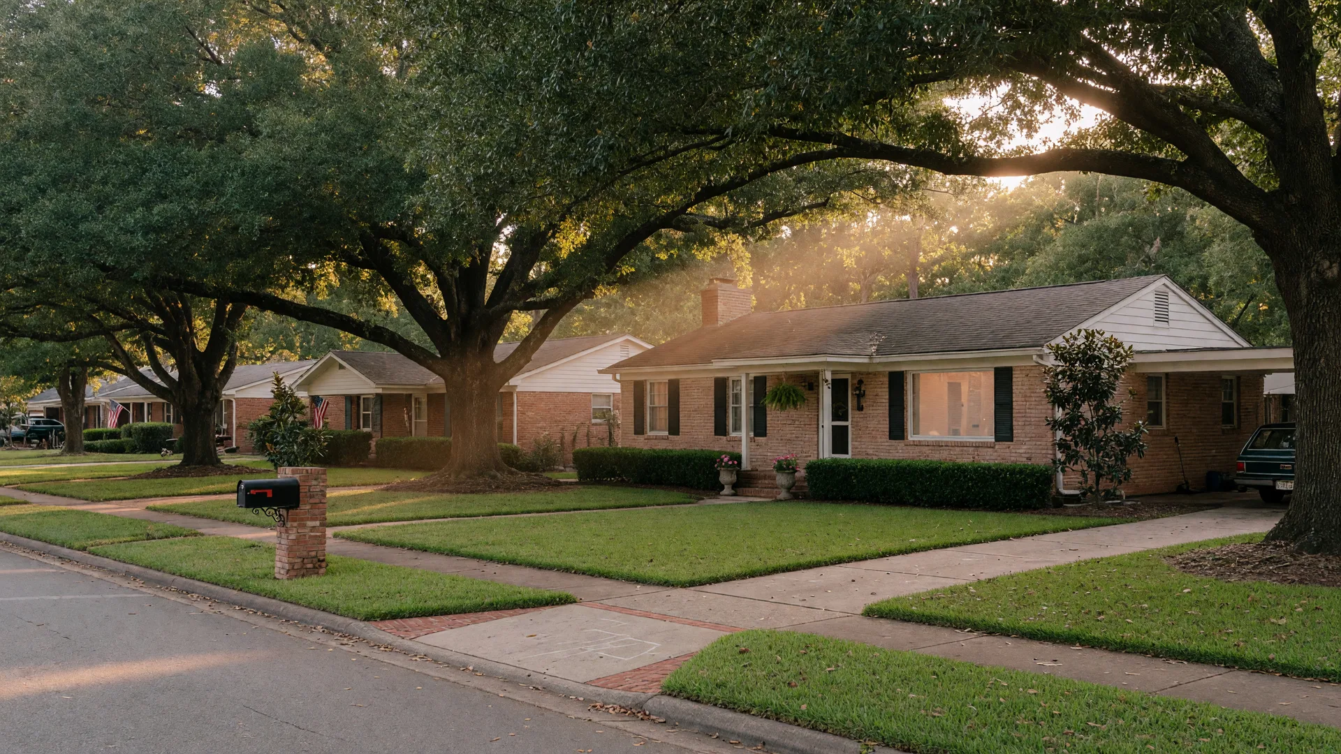 Established neighborhood home in Aiken SC with mature oak trees, brick exterior, and a welcoming front yard in afternoon light