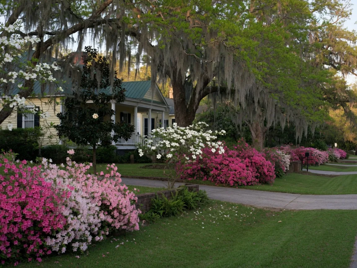 Augusta GA residential street with blooming azaleas and dogwoods during Masters Week spring season