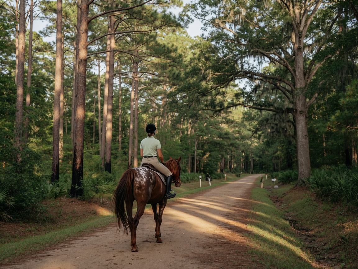 Horses grazing on a green pasture with white fencing in Aiken SC horse country