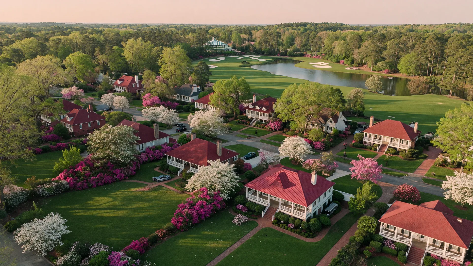 Aerial view of Augusta GA neighborhoods with blooming azaleas near Augusta National during spring