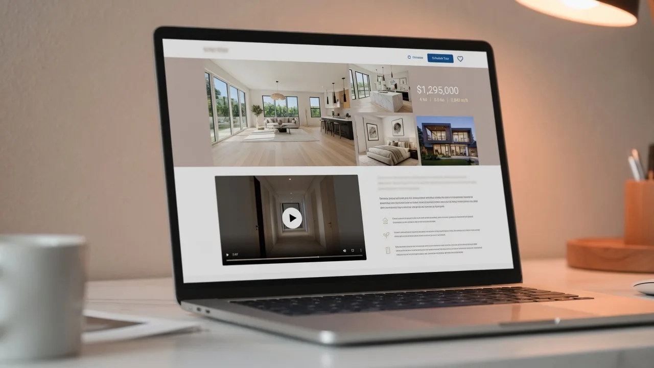 Laptop screen showing AI-generated real estate listing content and walkthrough video