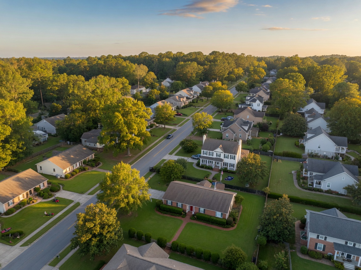 Aerial view of an Aiken SC neighborhood with tree-lined streets