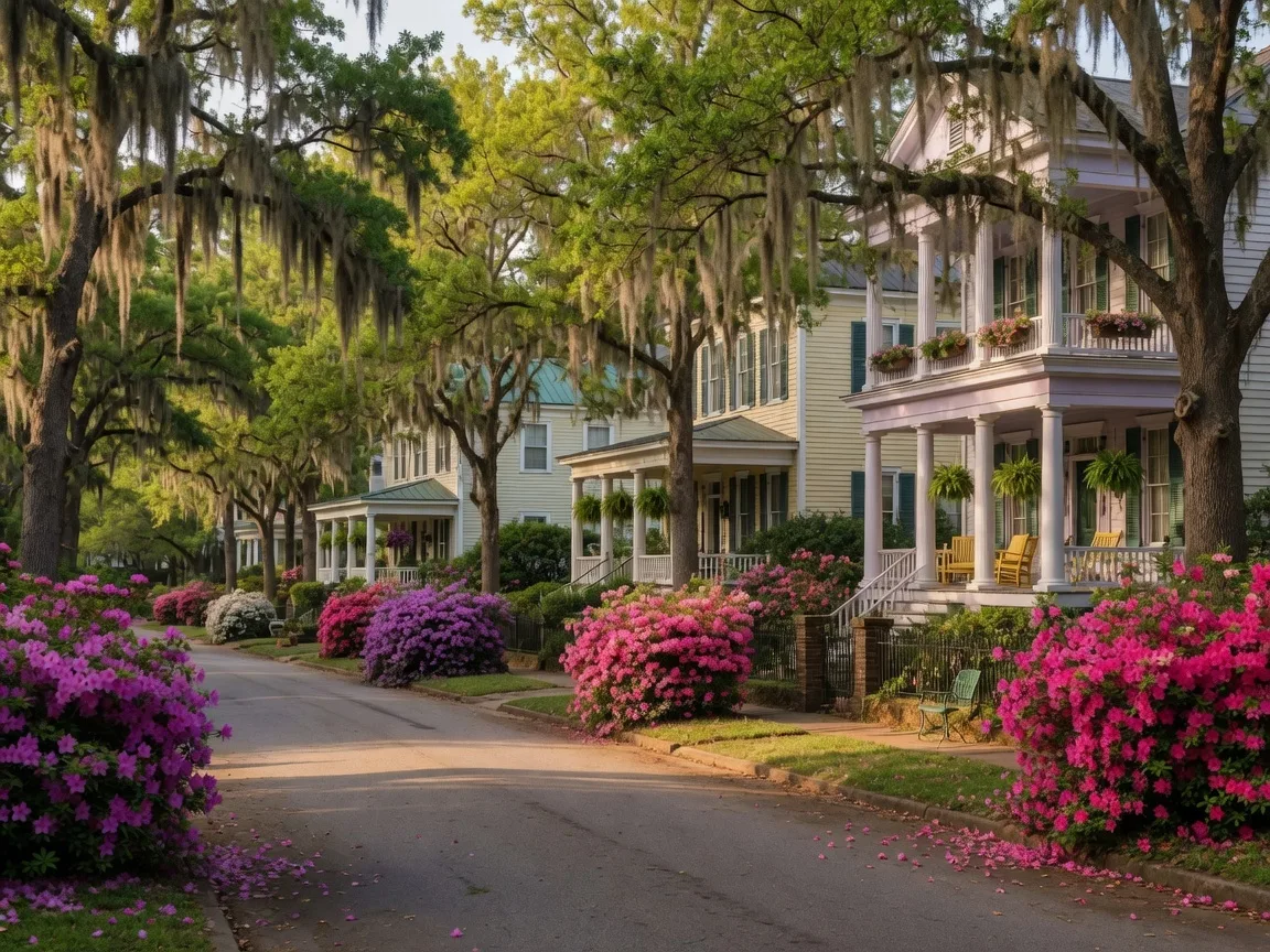 Summerville neighborhood in Augusta GA with historic homes and blooming azaleas during Masters Week