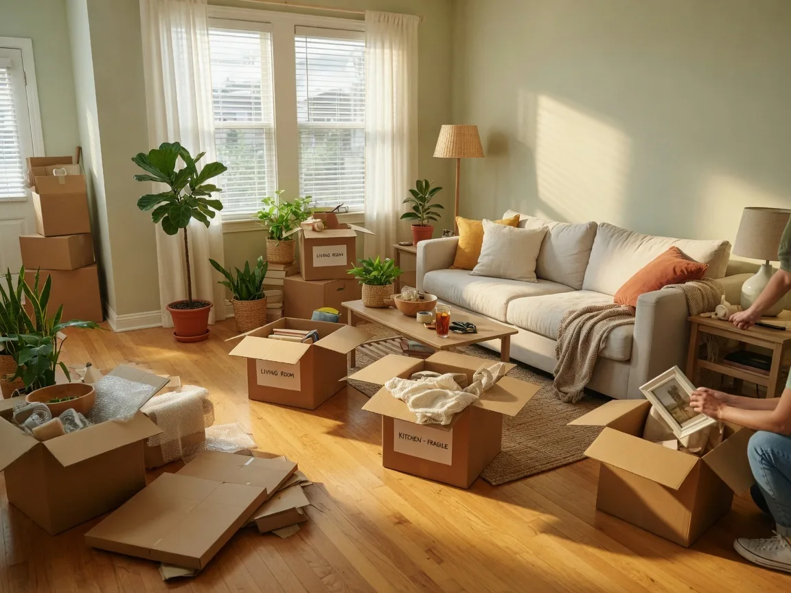 Family unpacking in a bright living room after moving to North Augusta SC