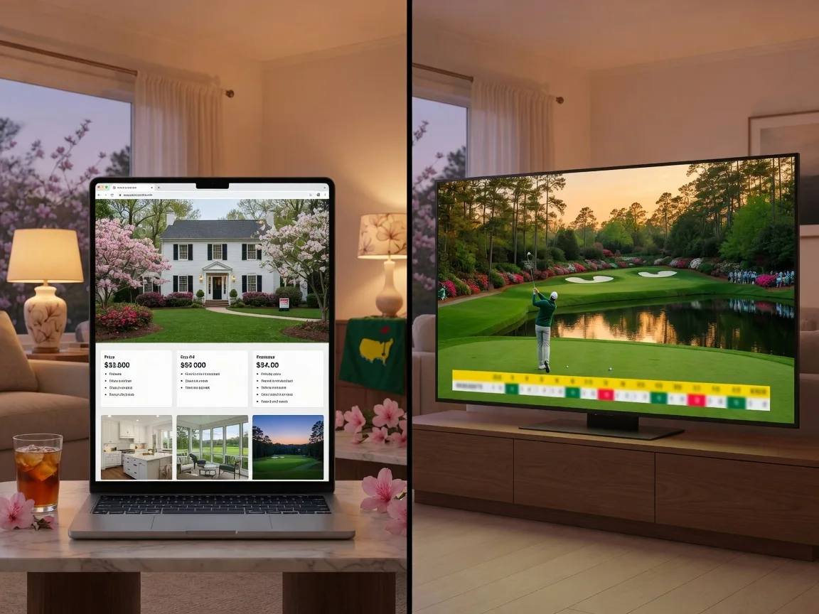 Home listing on laptop alongside Masters Tournament television coverage connecting visibility to real estate