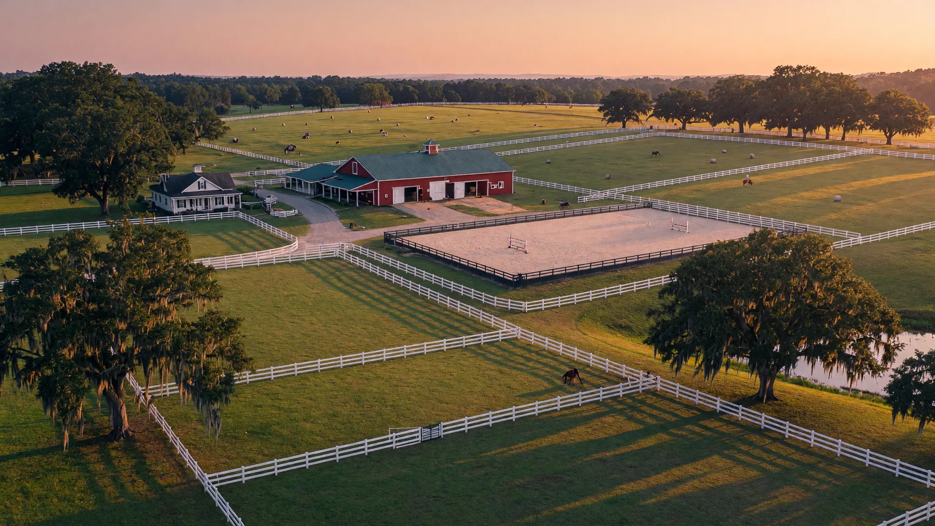 Scenic view of Aiken South Carolina horse country with green pastures and white board fencing at golden hour