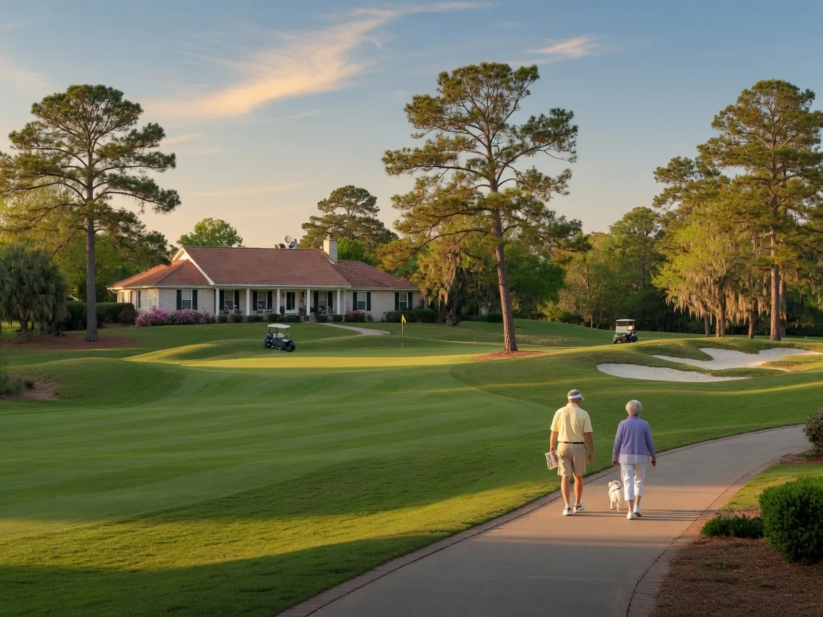 Golf course community in North Augusta SC with single-story ranch homes and mature trees along the fairway