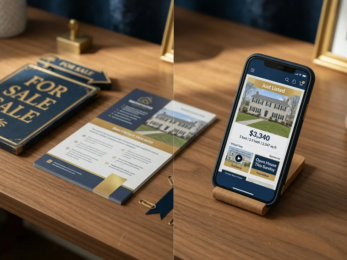 Traditional real estate marketing alongside modern AI-powered listing tools