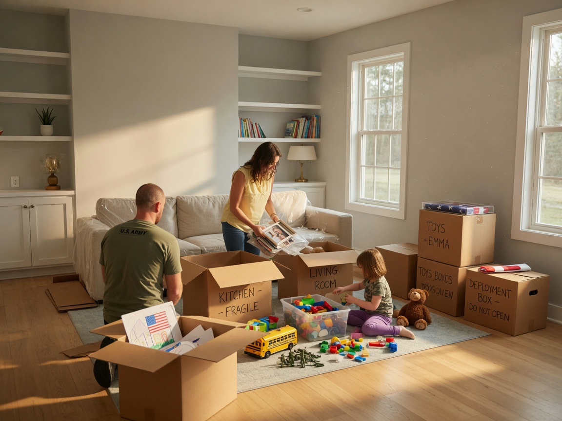 A family unpacking boxes in a bright, modern living room with afternoon light streaming through windows