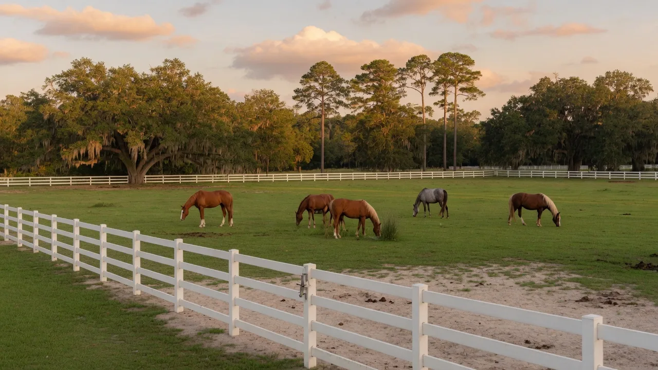 Tree-lined driveway with white plank fencing at a horse property near Aiken SC