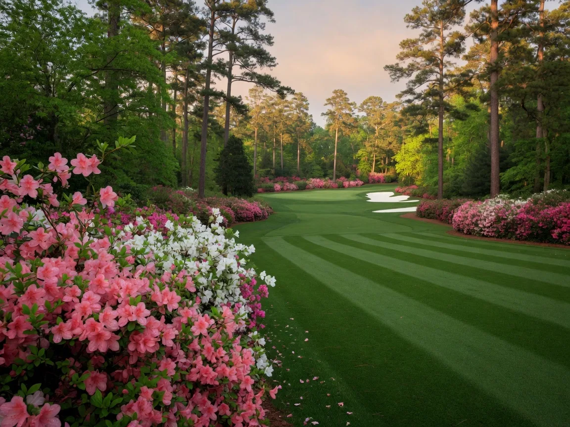 Blooming azaleas along Augusta National fairway during Masters Week spring traditions