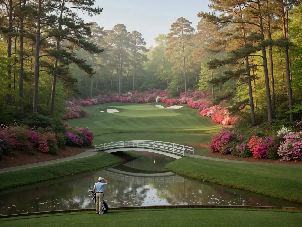 First-time visitor viewing Augusta National 12th hole with blooming azaleas during Masters Week
