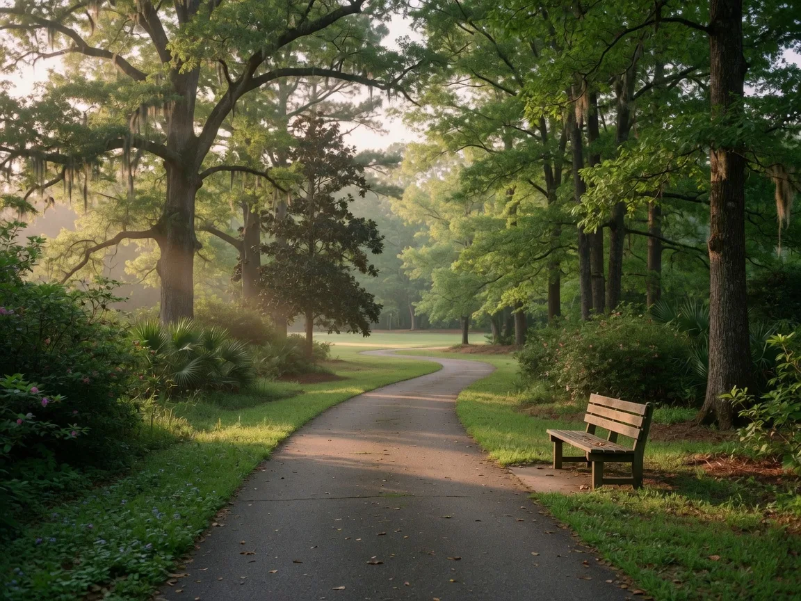 Scenic walking trail through a tree-lined park in North Augusta SC with a peaceful path and green space