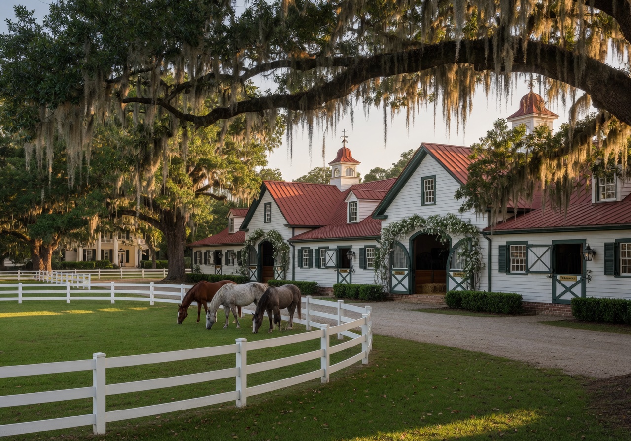 Luxury Equestrian Horse farm with stables under live oak trees in Aiken SC